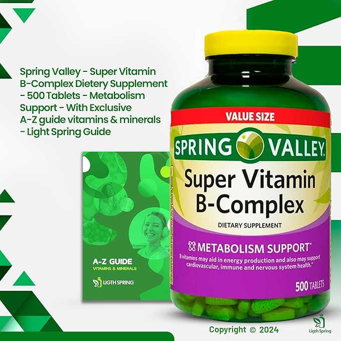 Super B-Complex Tablets 500 Count Dietary Supplement (2 Pack) with Exclusive Vitamins &amp Minerals A to Z - Better Ligth&ampSpring Guide (3 Items)