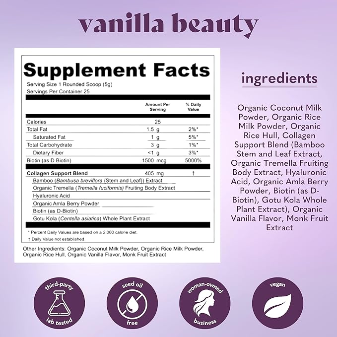 Copina Co. Vanilla Beauty Vegan Collagen Booster Creamer: Plant Based Collagen Support Smoothie Drink Vegan Creamy Blend | Vanilla Flavor | 1 Bag - 25 Servings per Bag