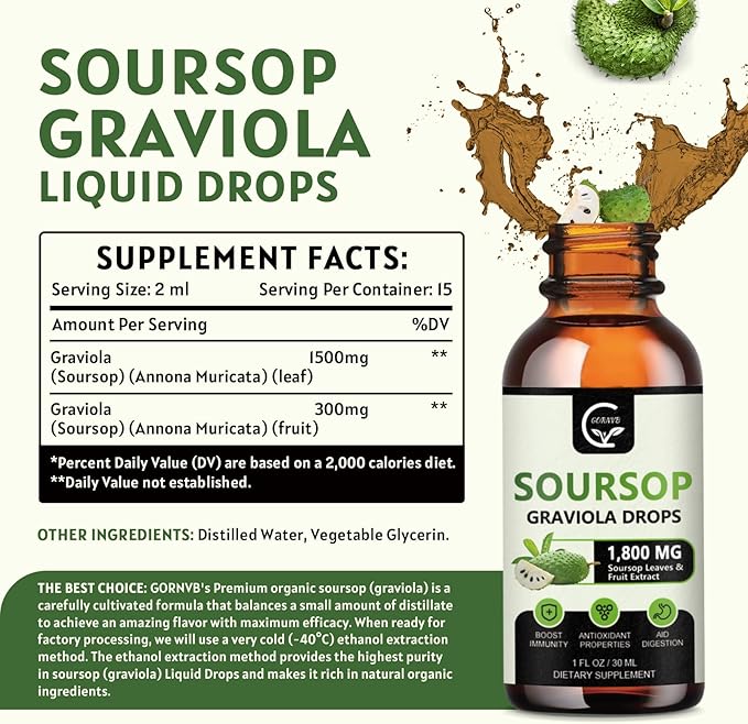 (2 Pack) Soursop Graviola Liquid Drops 1800mg 98% Absorption Soursop Bitters Liquid for Cell Support &amp Regeneration Immune Boost Relax Liver and Sleep Herbal Goodness Gluten Free 1 Fl Oz