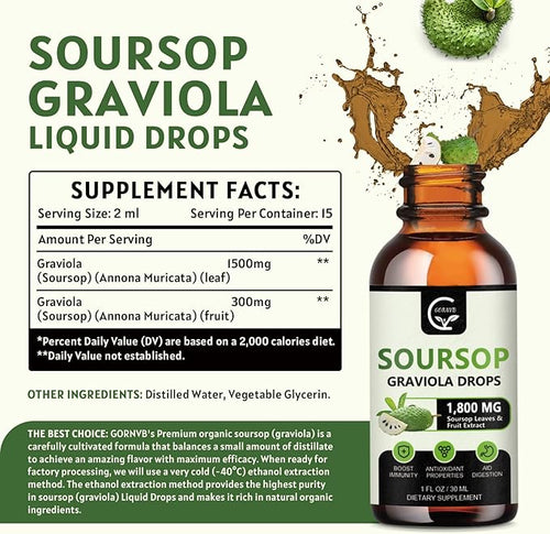 (2 Pack) Soursop Graviola Liquid Drops 1800mg 98% Absorption Soursop Bitters Liquid for Cell Support &amp Regeneration Immune Boost Relax Liver and Sleep Herbal Goodness Gluten Free 1 Fl Oz