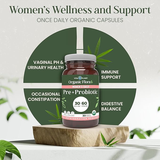 Vital Planet - Organic Flora Probiotics for Women Women's Daily Shelf Stable Probiotic 30 Billion CFU 60 Diverse Strains Prebiotic Organic Mushroom Blend Immune and Digestive Health 30 Capsules
