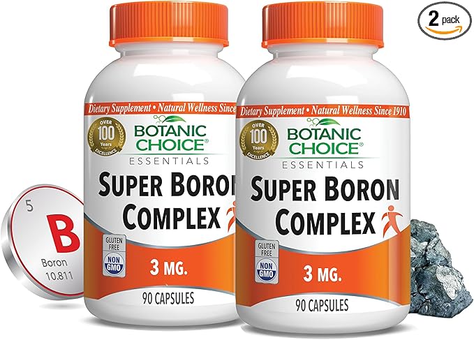 Botanic Choice Super Boron Complex (3mg) - Promotes Bone &amp Prostate Health by Metabolizing Calcium &amp Magnesium - 3 Forms of Boron for Men &amp Women - 2 Pack