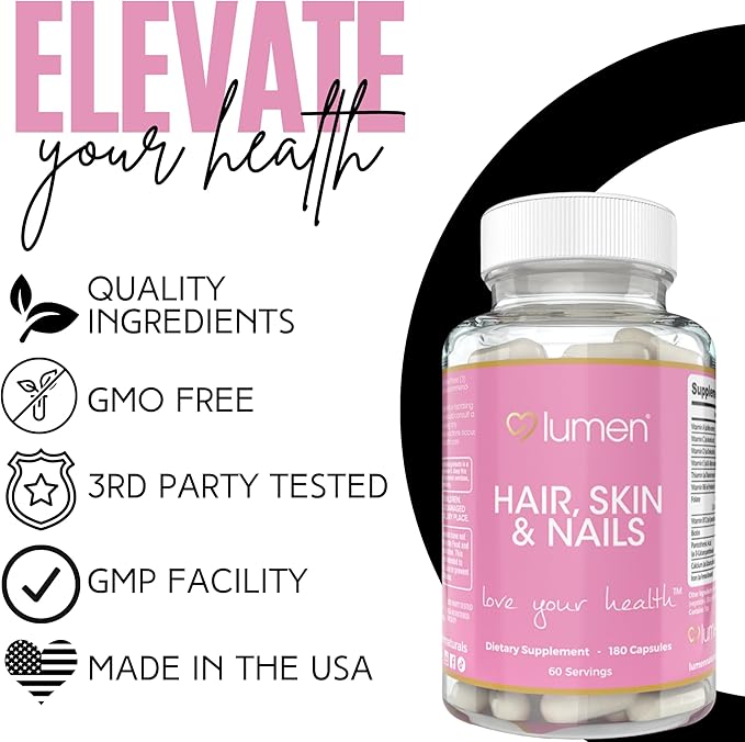 Lumen Naturals Hair Skin &amp Nails for Women – with Biotin Folate Vitamins B6 B12 A C D &amp E – 180 Capsules – 60 Servings – Non-GMO Gluten-Free Sugar Free