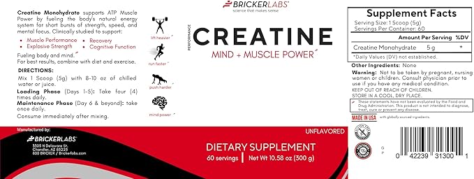 Bricker Labs Creatine Monohydrate Powder – 5g Pure Ultra-Fine Creatine per Serving – Muscle Growth Strength Endurance &amp Focus – Unflavored – 60 Servings – Workout &amp Cognitive Support for Men