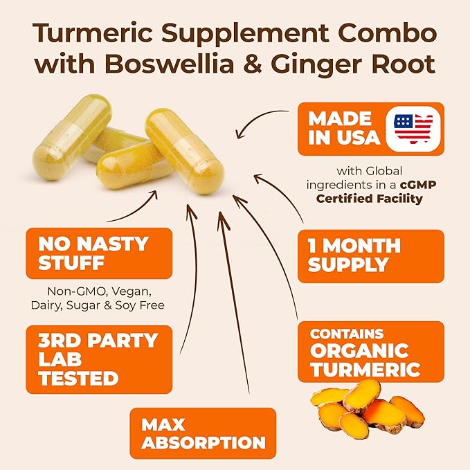 Turmeric Supplement Bundle – 2-Pack Organic Turmeric Curcumin Supplement with 95% Curcuminoids + 65% Boswellia Extract Ginger Root &amp Black Pepper (BioPerine) – High Absorption – 2 x 60 Vegan Caps