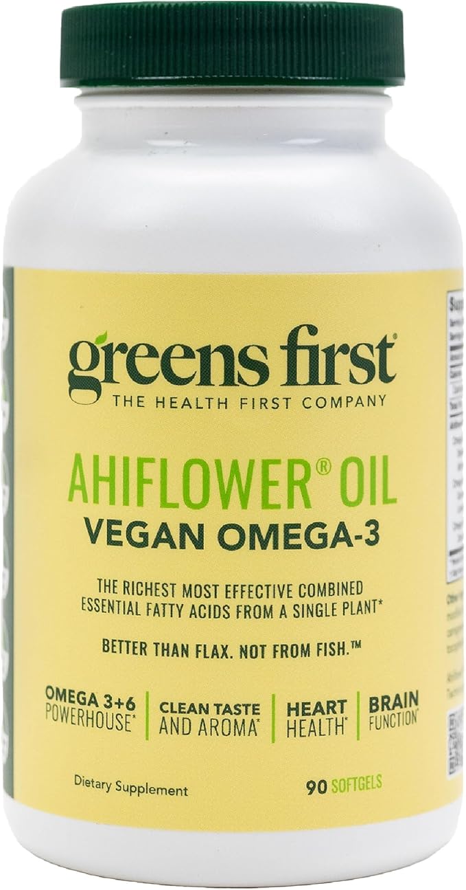 Greens First Ahiflower Oil Plant-Based Omega-3 Supplement – Vegan Omega-3 to Support Brain Immune Joint &amp Heart Health - Essential Fatty Acids - Gluten-Free/Dairy-Free/Soy-Free (90 Softgels)