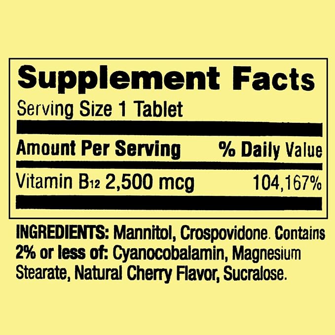 Vitamin B12 Fast Dissolve Tablets - Cherry Flavor 2500 mcg - Supports Energy &amp Nervous System - 60 Count (Pack of 2)
