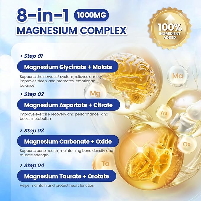 1000mg Magnesium Complex Capsules 8 Elemental with Magnesium Glycinate Citrate Malate Taurate Oxide Carbonate Aspartate Orotate for Bones Muscle Recovery Energy Vegan Non-GMO 2 Bottle
