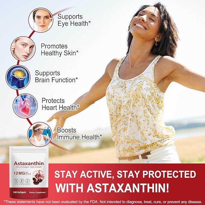 Astaxanthin 12mg 120 Softgels (2Pack)Premium Astaxanthin Antioxidant Supplements with Antioxidant Activity Supports Eye Skin Joint &amp Immune System Health Fresh Microalgae Source Non-GMO