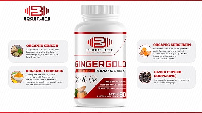 GingerGold Turmeric Boost with BioPerine® – Organic Turmeric &amp Ginger Supplement for Joint Support Healthy Digestion &amp Overall Wellness – 60 Capsules