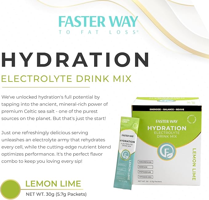 Faster Way - Hydration - Electrolyte Drink Mix - With Apple Cider Vinegar Choline Probiotics &amp Natural B Vitamins - Energize &amp Revive - Powder Packets - Zero Sugars -Gluten Free -Lemon Lime