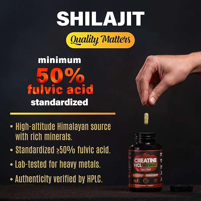 Creatine HCL with Shilajit - Workout Supplement for Men &amp Women Muscle Builder Endurance Strength Superior to Monohydrate: Instantized for Max Absorption No Load No Bloat - 120 Vegan Caps