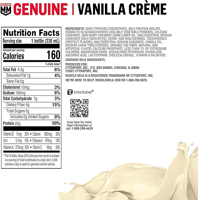 Muscle Milk Genuine Protein Shake Vanilla Creme 11.16 Fl Oz Bottle &amp Zero Protein Shake Chocolate20g Protein Zero Sugar