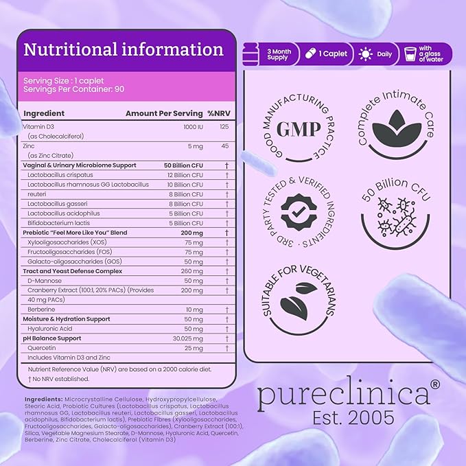 Veev Intimate Flora - Vaginal &amp Gut Microbiome Support – 50 Billion CFU – Probiotics Prebiotics Cranberry D-Mannose Hyaluronic Acid – 90 Caplets – 3 Month Supply