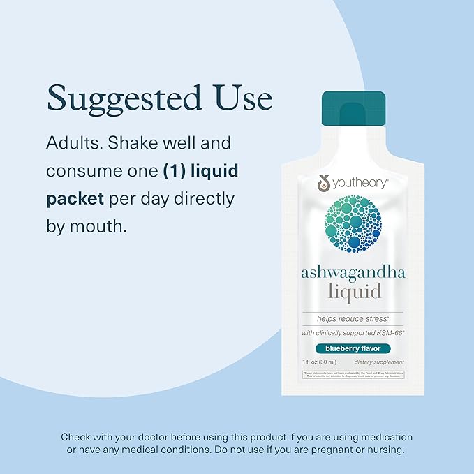 Youtheory Ashwagandha Liquid - Uses KSM-66 - Ashwagandha Supplement to Support Stress Relief* - Vegan - Dairy Soy &amp Gluten Free - 12 Single-Serving Packets (Pack of 2)