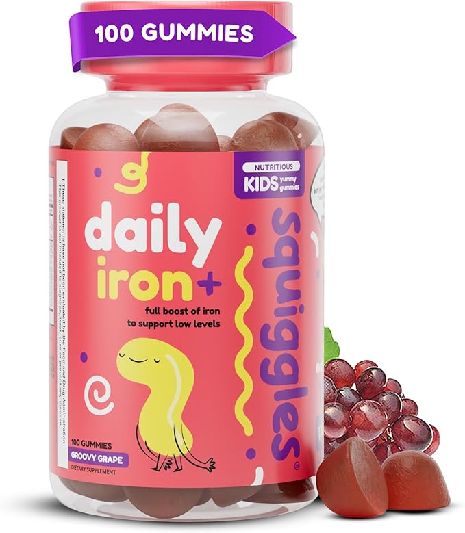 Squiggles Kids Daily Iron+ Gummies - Chewable Supplement with Iron Multivitamin for Children Low Sugar Vegan Toddler Gummies Yummy Grape Flavor (100 Count)