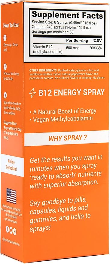 Spectraspray Vegan Vitamin B12 Oral Spray Vitamins - Daily Essential Vitamin with 500 mcg Methyl Form B12 30 Day Supply per Spray