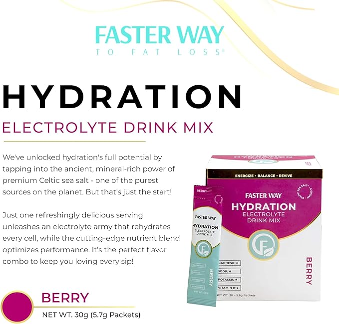 Faster Way - Hydration - Electrolyte Drink Mix - with Apple Cider Vinegar Choline Probiotics &amp Natural B Vitamins - Energize &amp Revive - Powder Packets - Zero Sugars - Gluten Free - Berry - 3