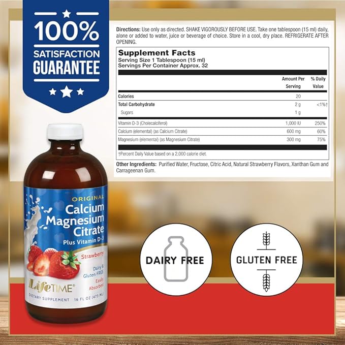 LifeTime Vitamins - Liquid Calcium Magnesium Supplement for Women &amp Men with Vitamin D Muscle and Bone Health Support with Magnesium &amp Calcium Citrate - Natural Strawberry Flavor 16 fl oz