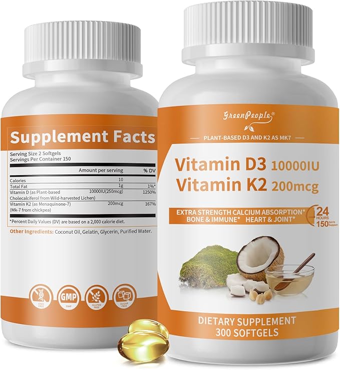 GREENPEOPLE K2 D3 Vitamin Supplement Vitamin D-3 &amp K-2 MK-7 10000 IU/200 mcg with Virgin Non-GMO Coconut MCT Oil | 300 Vegan Softgels | Bone Health Immune Support