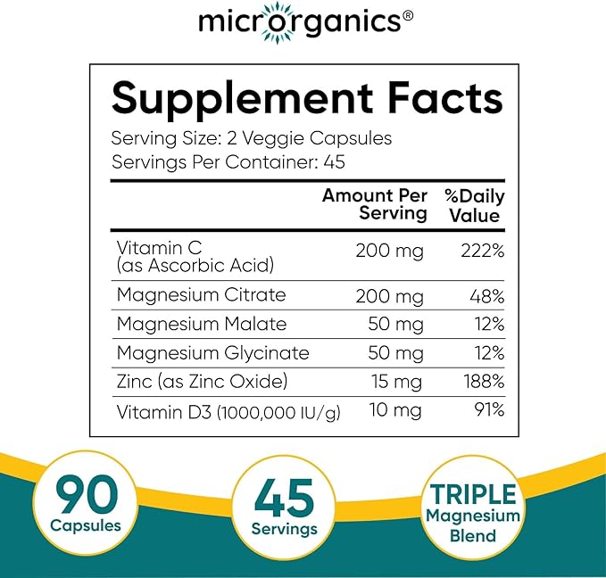 Magnesium Complex with Vitamin C D3 &amp Zinc – 525 mg per Serving from Citrate Malate &amp Glycinate – Supports Energy Muscle &amp Bone Health – 90 Vegan Capsules 45 Servings