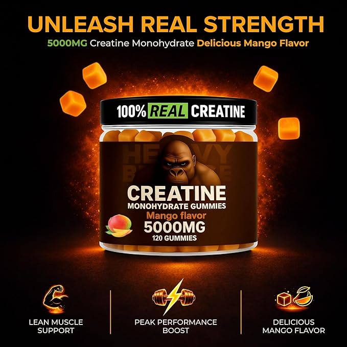 Creatine Monohydrate Gummies 5g Sugar Free Creatine with Vitamin B12 and L-Taurine | Muscle Growth for Men and Women | Low Calorie Formula 120 Gummies for 30 Servings Mango