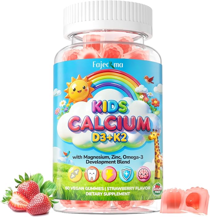 Kids Calcium Citrate Gummies: Organic Chewable Calcium Supplement with Vitamin D3 K2 Magnesium Zinc Vegan Omega Probiotic - Sugar Free High Absorption Gummy for Kids Overall Health (60Count)