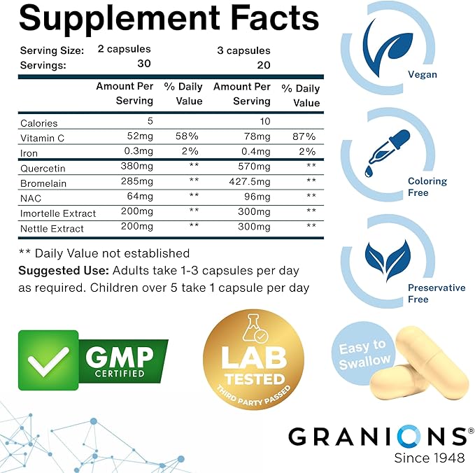 Granions Histamine Balance Complex - Quercetin with Bromelain NAC and Vitamin C - D-Hist Seasonal Histamine Blocker &amp Immune Support Supplement for Adults and Children - 60 Vegan Capsules