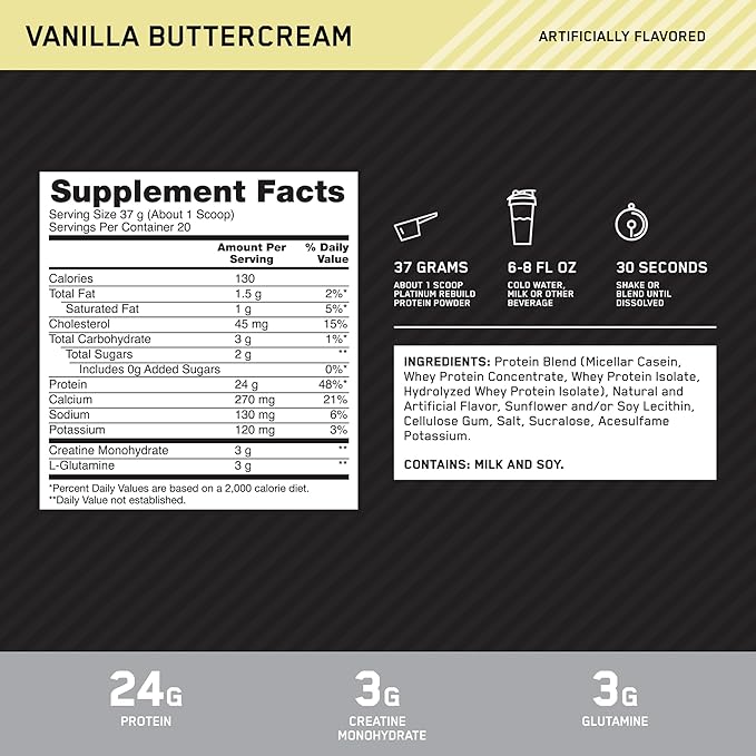 Optimum Nutrition Platinum Rebuild Premium Platinum Blend Protein Powder with Creatine Vanilla Buttercream 20 Servings