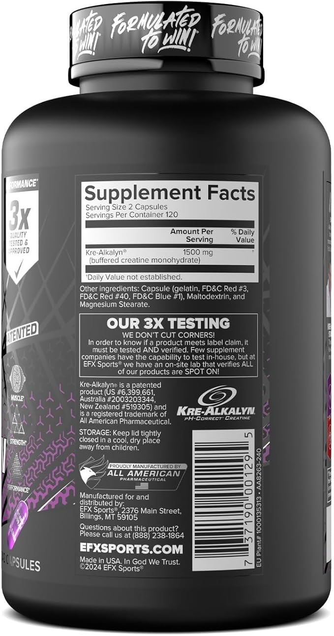 EFX Sports Kre-Alkalyn EFX | pH Correct Creatine Monohydrate Pill Supplement | Strength Muscle Growth &amp Performance | 120 Servings 240 Capsules