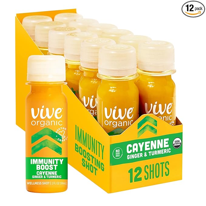Vive Organic Immune Support Shot Cold-Pressed Ginger Turmeric &amp Cayenne Gluten Free Vegan Immunity Boost Cayenne 2 Fl Oz (Pack of 12)