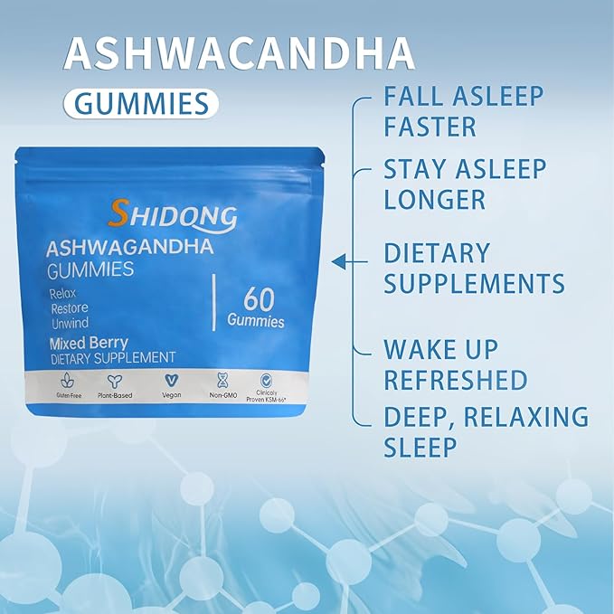 SHIDONG Ashwagandha &amp Vitamin D Gummy - 60 Count - Mixed Berry KSM-66 Plant Based Gluten-Free &amp Gelatin Free Relax. Restore. Unwind Pack of 1