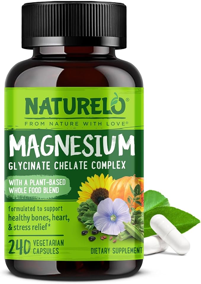 NATURELO Magnesium Glycinate Chelate Complex - 200 mg Magnesium with Organic Vegetables to Support Sleep Calm Muscle Cramp &amp Stress Relief - Gluten Free Non GMO - 240 Capsules