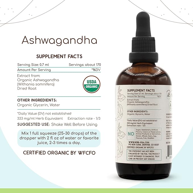 HerbEra Ashwagandha B120 USDA Organic Tincture | Alcohol-Free Extract High-Potency Herbal Drops | Certified Organic Ashwagandha (Withania Somnifera) Dried Root (4 oz)
