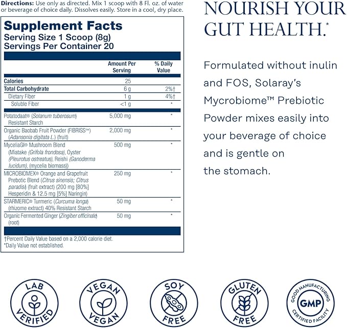 SOLARAY Mycrobiome Prebiotic Powder Prebiotics for Women and Men Digestive Nutritional Supplements for Colon and Gut Health Non-Gritty Easy-to-Mix Non-Bloating Formula 20 Servings 5.64 OZ