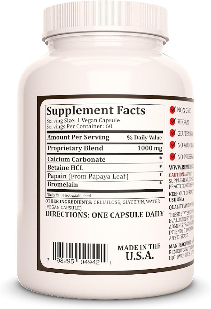 Remedy’s Nutrition Betaine HCL (Hydrochloride) | 1000 mg 60 Capsules Dietary Supplement | Two Month Supply | Also Contains Calcium Carbonate Papain &amp Bromelain