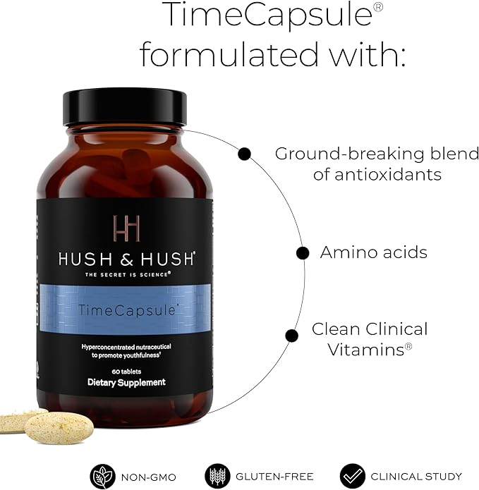 Hush &amp Hush Anti-Aging Multivitamin for Women – Clinically Proven with Marine Collagen Hyaluronic Acid Vitamin C B12 Zinc &amp Polypodium Leucotomos – Skin Glow Antioxidants – 60 Tablets