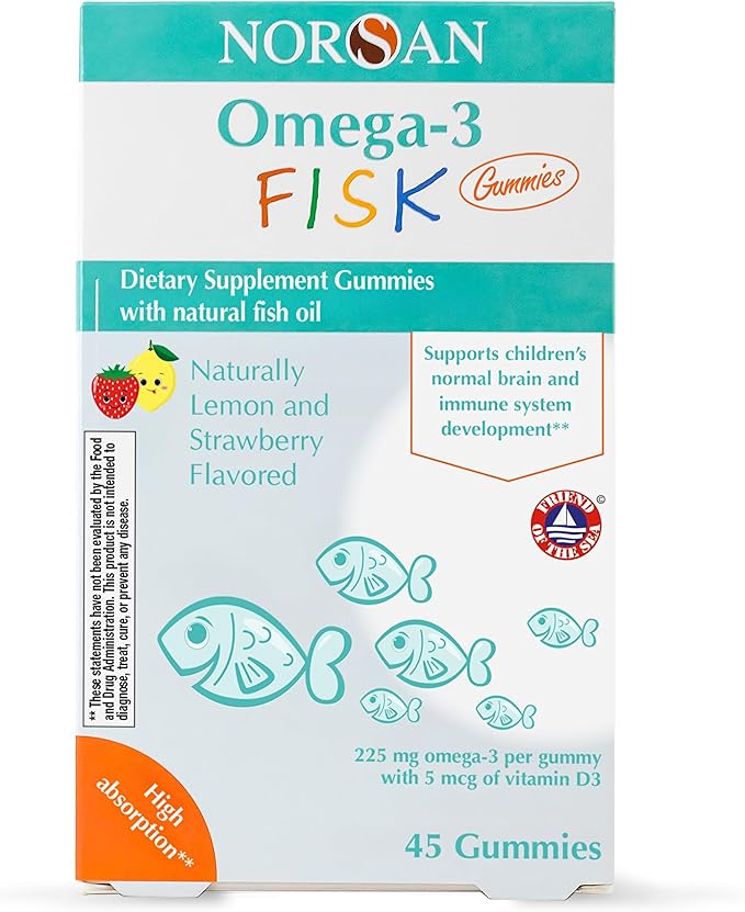 NORSAN Fisk Premium Omega-3 Kids Gummies 45pcs – High Dose 900mg Omega-3 per Serving | Easy to Consume and Without Unpleasant Regurgitation | No Added Sugar | Supports Heart Brain &amp Vision*