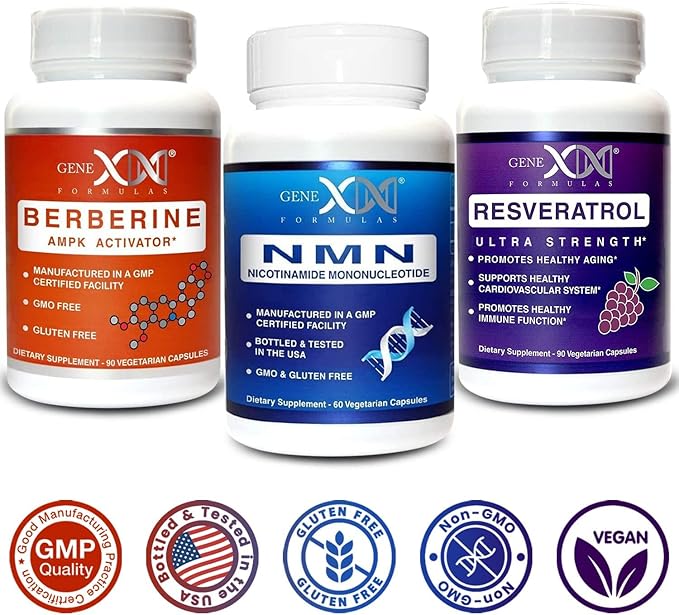 GENEX NMN Resveratrol and Berberine Power Pack Supplements | 250mg Nicotinamide Mononucleotide (NMN) Ultra Strength 500mg Resveratrol &amp AMPK Activator Berberine 500mg for Healthy Aging (3 Bott