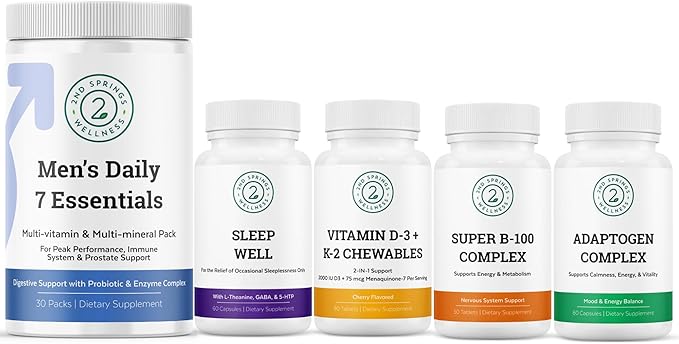 Ultimate Men's Health Bundle - Vitamin D3+K2 Super B-100 Complex Sleep Well Adaptogen Complex &amp Men's Daily 7 Essentials