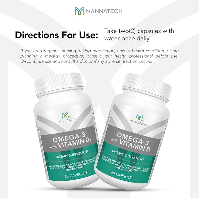 Mannatech Omega-3 with Vitamin D3 for Bone Heart Health and Cognitive Support Made of Pure Fish Oil