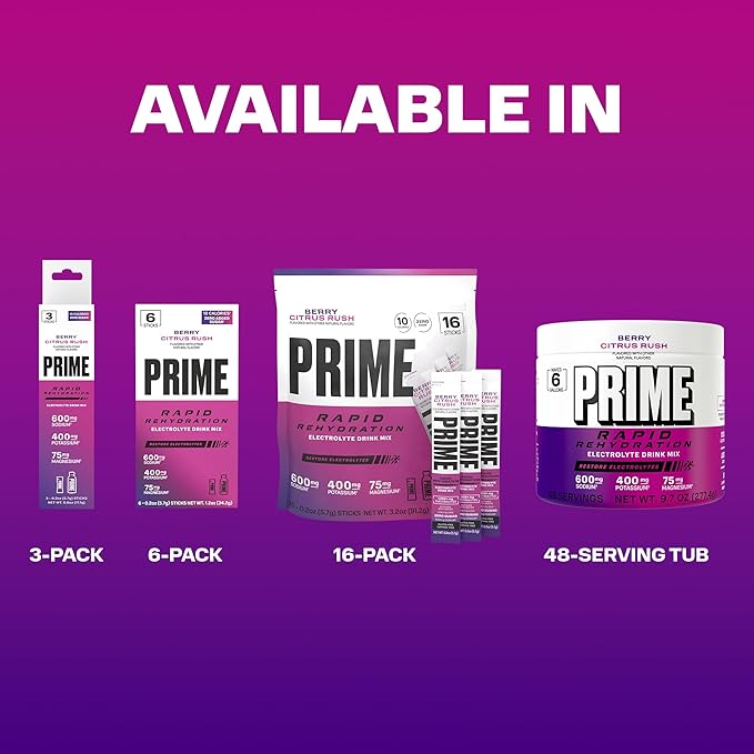 Prime Rapid Rehydration Electrolyte Powder Berry Citrus Rush Sugar Free Hydration Drink Mix with Sodium Potassium Magnesium &amp B Vitamins to Replenish Fluids Caffeine Free 6 Gallon Tub 48 SR