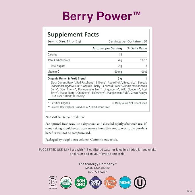 PURE SYNERGY Berry Power | Organic Berry and Fruit Powder | Antioxidant Supplement with Organic Acai Acerola and Wild Blueberry | for Healthy Aging Immune and Skin Support (5.3 oz Powder)