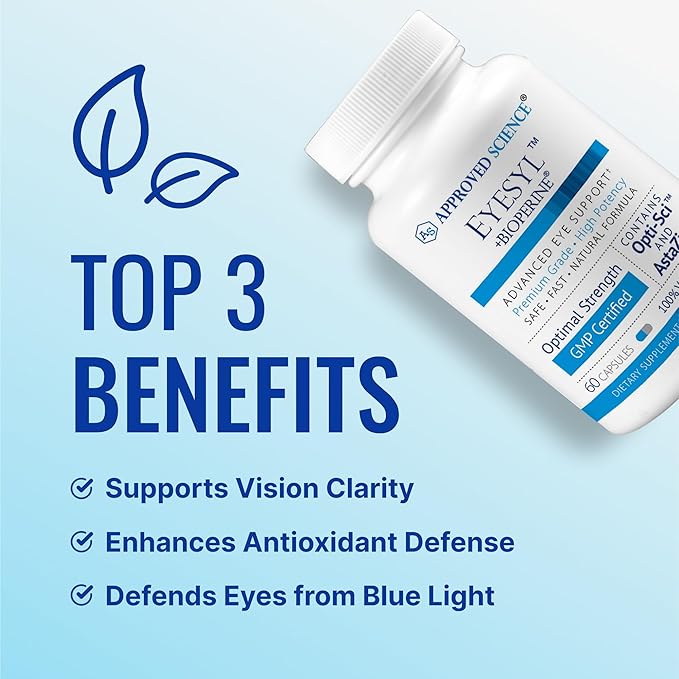 Approved Science EyeSyl - Eye Support Supplement - Chromium Picolinate Taurine Lutein Zeaxanthin Bilberry BioPerine - 1 Month Supply - 60 Capsules - Made in The USA
