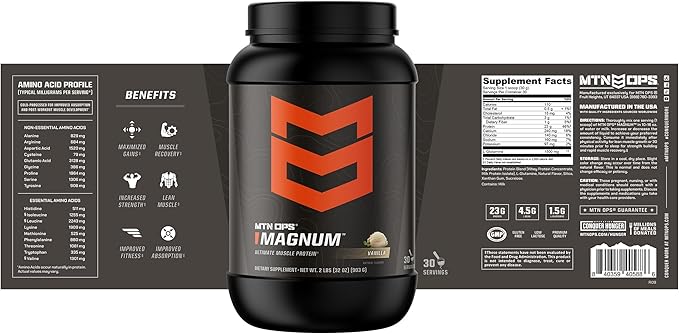 MTN OPS Magnum Protein Powder 23g Protein per Serving Whey Protein Blend with BCAAs Low Sugar Gluten Free 30 Servings Vanilla