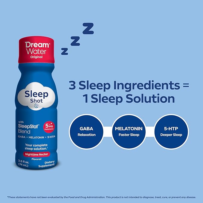 Dream Water Sleep Aid Supplement Drink Melatonin 5mg GABA 5-HTP Zero sugar Natural flavors No added colors 2.5 oz liquid sleep shots Nighttime Nectar 24-Count