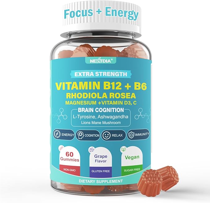 Focus Memory &amp Energy Gummies L-Tyrosine + Methyl B12 1000mcg B6 50mg D3 C Lion's Mane Mushroom for 15+ Students Office Worker Multivitamin Herb Blend for Seniors Brain &amp Cognition 1