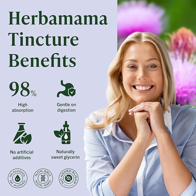 HERBAMAMA Milk Thistle Supplement - Vegan Liver Support with Milk Thistle Extract Tincture - Non-GMO Alcohol &amp Sugar-Free Liquid Silymarin Liver Detox Drops 56-Day Supply