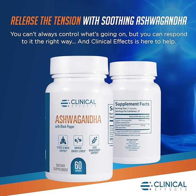 Clinical Effects Ashwagandha with Black Pepper for Stamina and Calm - 3 Pack 180 Ashwagandha Capsules - Made in The USA