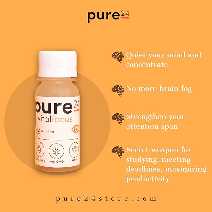 Pure Focus Booster Shot Ashwagandha Valerian and Turmeric - Brain Support Supplement - Improved Energy Memory Focus Clarity &amp Mood - Gluten-Free Non-GMO - 2 oz 7 Pack